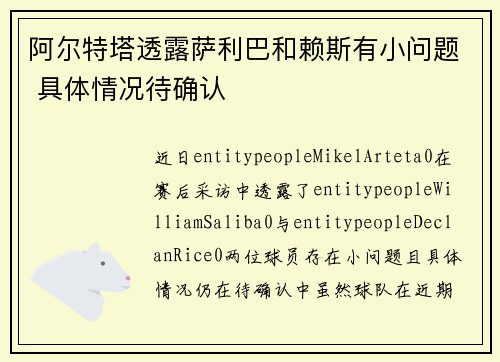 阿尔特塔透露萨利巴和赖斯有小问题 具体情况待确认