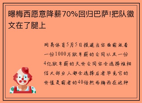 曝梅西愿意降薪70%回归巴萨!把队徽文在了腿上